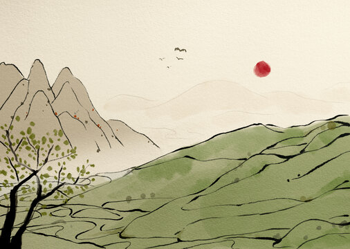 創(chuàng)意水墨山村田野