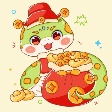 蛇年卡通插畫錢袋元寶