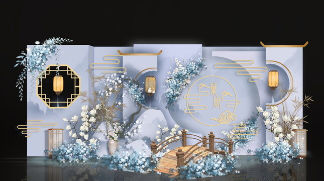 水藍色新中式迎賓區(qū)婚禮效果圖