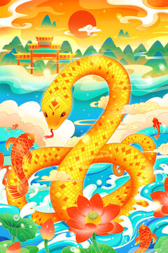 中國風(fēng)國潮金蛇送福年年有余插畫