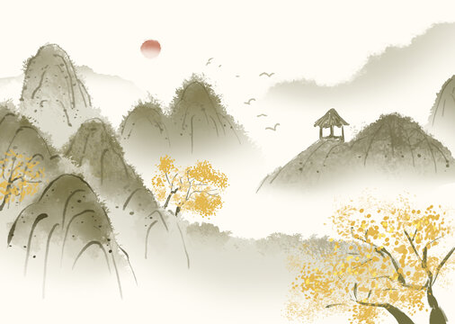 水墨煙霧山谷