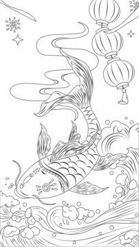 國潮祥云和紅燈籠白描線條插畫