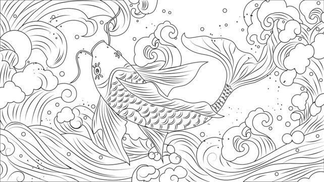 國潮祥云和錦鯉白描線條插畫