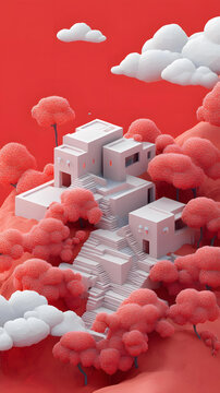 紅色背景下簡約白色房屋3D