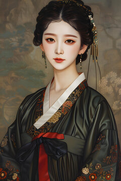 身穿韓國傳統(tǒng)服飾的年輕女子肖像