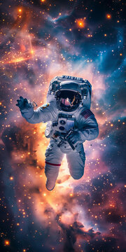 身穿宇航服的宇航員在浩瀚的宇宙中飄浮