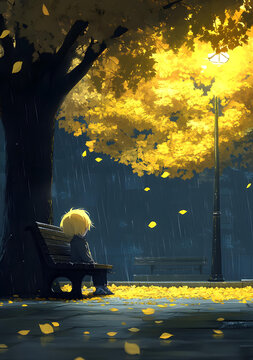 雨夜公園長椅上的孤獨男孩