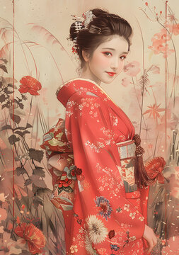 身著和服的日本女性在花叢中