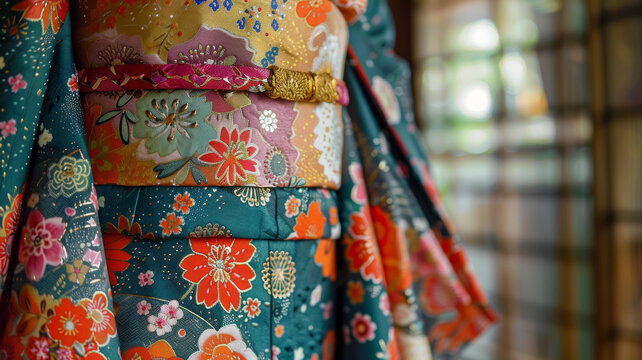 日本傳統(tǒng)和服面料特寫，花卉圖案