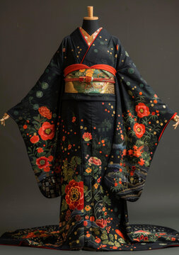 身穿黑色和服，手持紅色和橙色花卉圖案的日本女性
