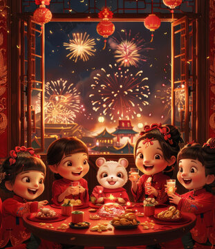 五個(gè)孩子在慶祝中國(guó)新年