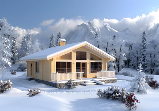 在白雪皚皚的山腳下的一棟木屋