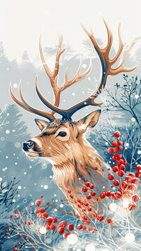 一只孤獨(dú)的鹿在雪地森林里
