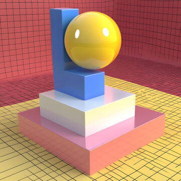 藍(lán)色粉色幾何圖形上的黃色球體抽象3D渲染