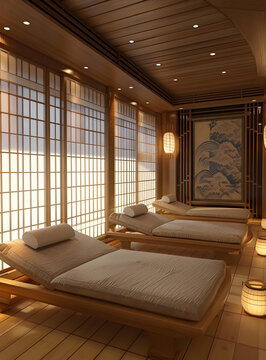 日式風(fēng)格水療室室內(nèi)設(shè)計，木地板和躺椅