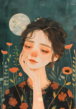 一個(gè)女孩在花叢中沉思，背景中有一輪明月
