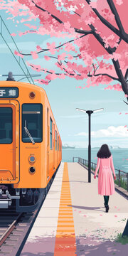 櫻花盛開的鐵路車站旁身穿粉色大衣的女子
