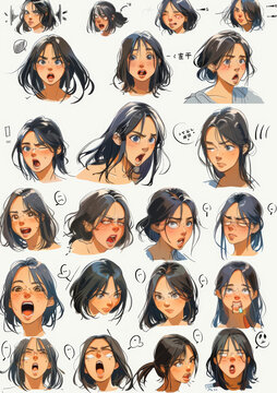 一個年輕的棕發(fā)女人的種不同面部表情