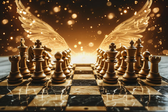 帶有天使翅膀的大理石棋盤上的金色棋子