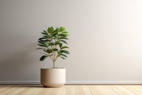 盆栽植物擺放在木地板上背景是米色的墻壁