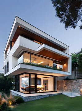 現(xiàn)代建筑風(fēng)格的住宅，擁有大型窗戶和石墻