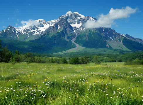 風(fēng)景如畫的壯麗山河與盛開的花朵