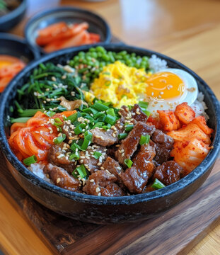 韓式牛肉蓋飯配有雞蛋和蔬菜
