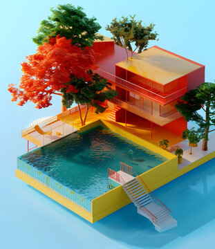 極簡主義現(xiàn)代房屋與游泳池的3D