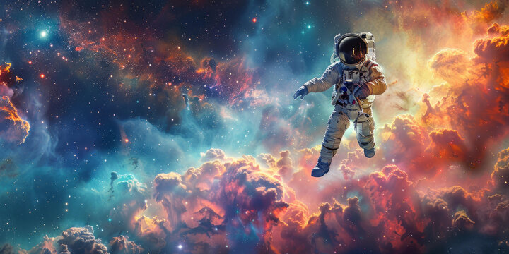 身穿白色宇航服的宇航員在五彩繽紛的星云中