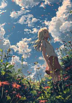 動漫少女站在花田里仰望天空