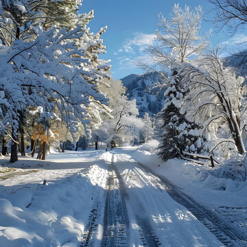 冬季雪景：白雪覆蓋的道路與樹(shù)木