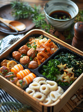 一個(gè)美味健康的便當(dāng)盒，里面有雞肉丸子、胡蘿卜花、菠菜和烏冬面