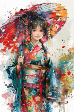 一個身穿和服的亞洲女孩撐著一把紅色的雨傘
