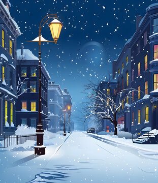 夜晚下雪的城市街道