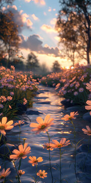 夕陽下的花田