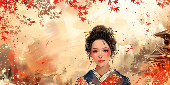 身穿和服的美麗日本女子站在一片紅楓葉林中。