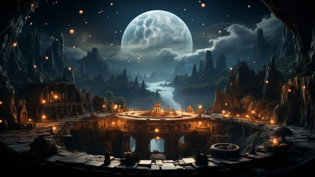 奇幻風(fēng)景與一座被毀壞的城市和一個(gè)月亮