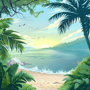 熱帶海灘風(fēng)景，棕櫚樹和鳥類