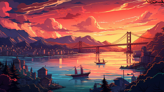 夕陽下的海灣大橋