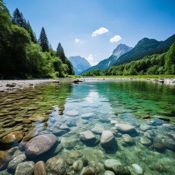清澈的河流穿過山谷周圍有綠樹和山脈
