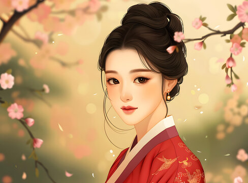 身穿韓國傳統(tǒng)服飾的美麗韓國女性畫像