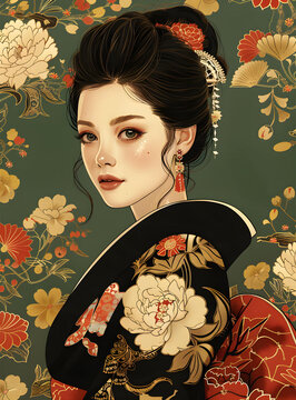 身著傳統(tǒng)和服的亞洲女性肖像畫