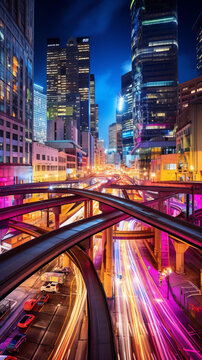 五彩斑斕的城市高速公路立交橋夜景