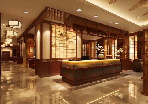 中式風(fēng)格酒店大堂設(shè)計(jì)，木質(zhì)家具和傳統(tǒng)裝飾