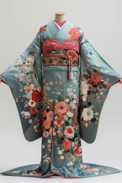 藍(lán)色花卉圖案和紅色點(diǎn)綴的和服
