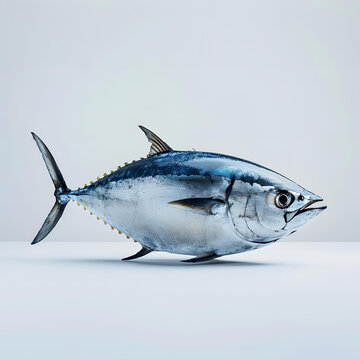 一條藍鰭金槍魚躺在白色背景上