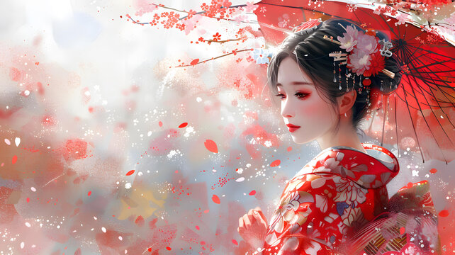 身穿紅色和服撐著紅色雨傘的美麗日本女孩站在櫻花樹下