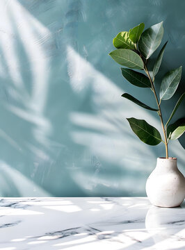 白色花瓶中的綠植放在大理石桌子上