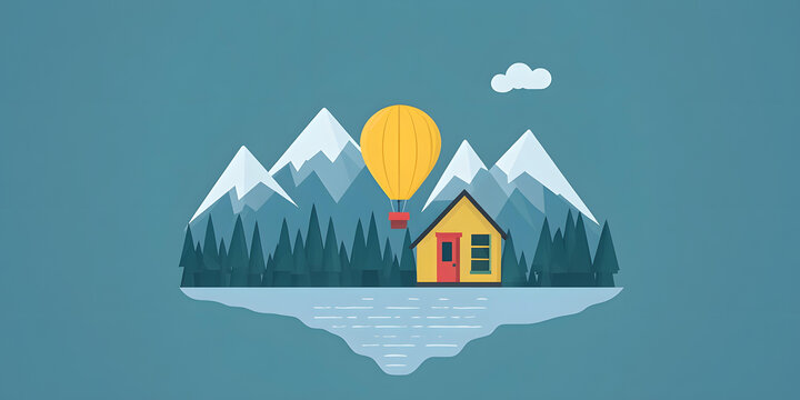 簡約風格的山地風景，房屋和熱氣球