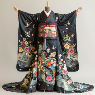 身穿帶花卉圖案和服的婦女